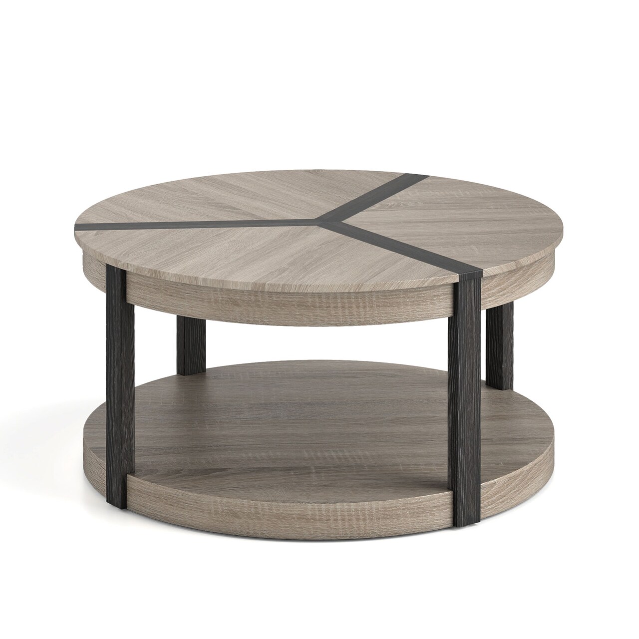 Grey Rubber Wood Mid-Century Coffee Table with Storage Shelf, Round